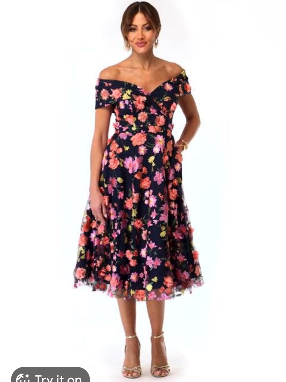 Xscape Navy Floral Off-Shoulder Midi Dress
